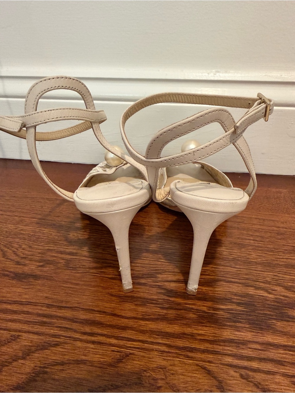 Jimmy Choo Sacora 85 MM Ivory Lace Peep-Toe Ankle Strap Heels with Pearl - Picture 13 of 16